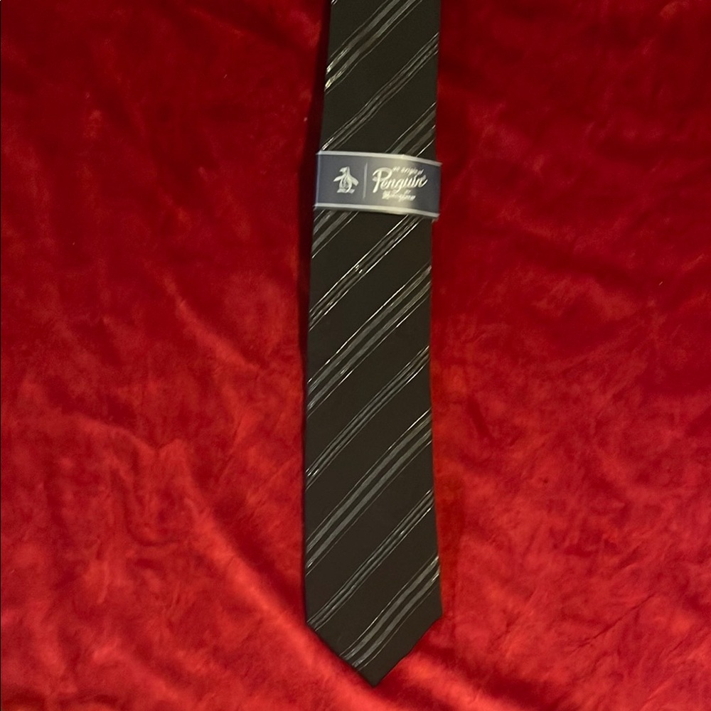 Original Penguin Black Slim Diagonally Striped Gold Lurex Tie NWT